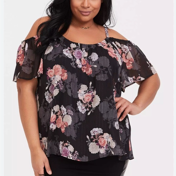 torrid Tops - Torrid Black‎ and Pink Floral Cold Shoulder Blouse
